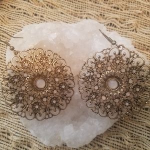 Beautiful Pink Stones and Gold tone Hanging Earrings  2in diameter